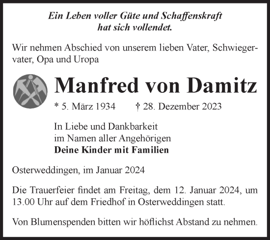 Traueranzeige von Manfred von Damitz von Volksstimme Oschersleben/Wanzleben