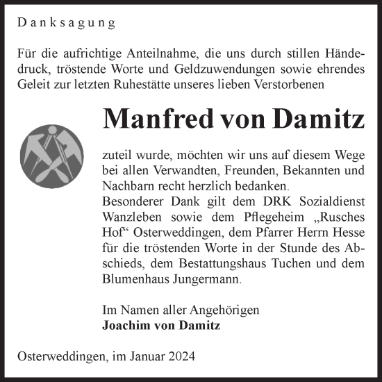 Traueranzeige von Manfred von Damitz von Volksstimme Oschersleben/Wanzleben