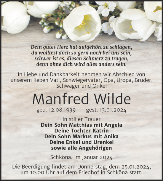 Traueranzeige von Manfred Wilde von Trauerkombi Wittenberg
