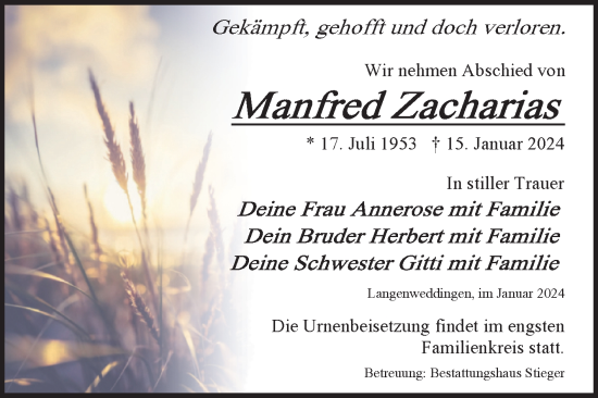 Traueranzeige von Manfred Zacharias von Volksstimme Oschersleben/Wanzleben