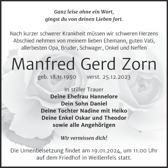 Traueranzeige von Manfred Gerd Zorn von Trauerkombi Weißenfels