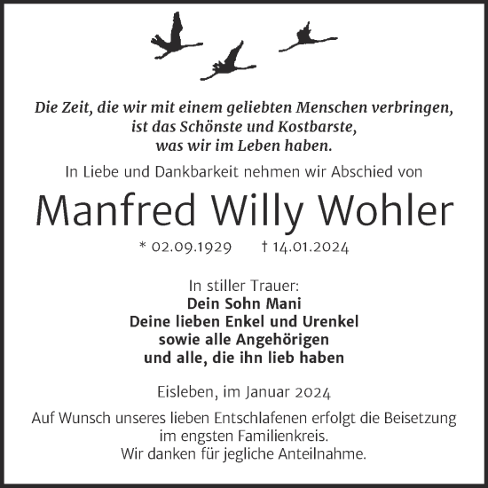 Traueranzeige von Manfred Willy Wohler von Trauerkombi Mansfelder Land