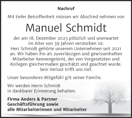 Traueranzeige von Manuel Schmidt von Wochenspiegel Naumburg/Nebra