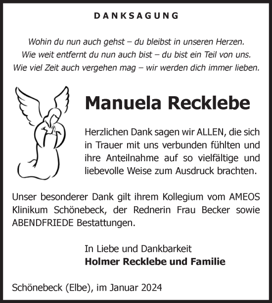 Traueranzeige von Manuela Recklebe von Volksstimme Schönebeck