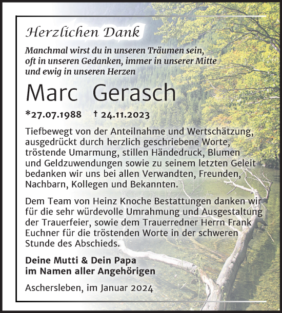 Traueranzeige von Marc Gerasch von Trauerkombi Aschersleben