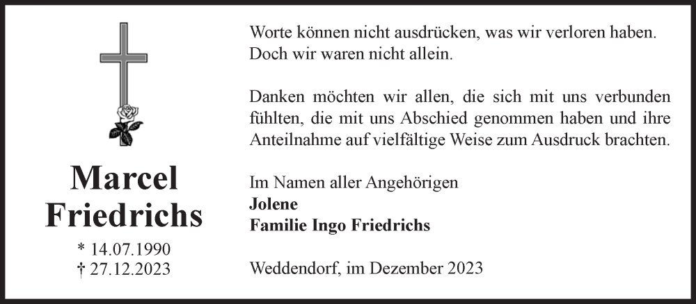  Traueranzeige für Marcel Friedrichs vom 20.01.2024 aus Volksstimme Altmark West