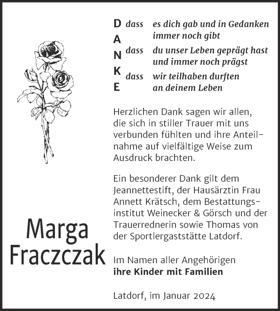 Traueranzeige von Marga Fraczczak von Trauerkombi Bernburg