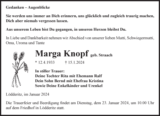 Traueranzeige von Marga Knopf von Volksstimme Schönebeck