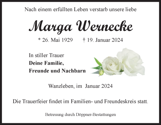 Traueranzeige von Marga Wernecke von Volksstimme Oschersleben/Wanzleben