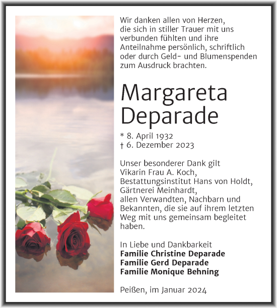 Traueranzeige von Margareta Deparade von Mitteldeutsche Zeitung Halle/Saalkreis