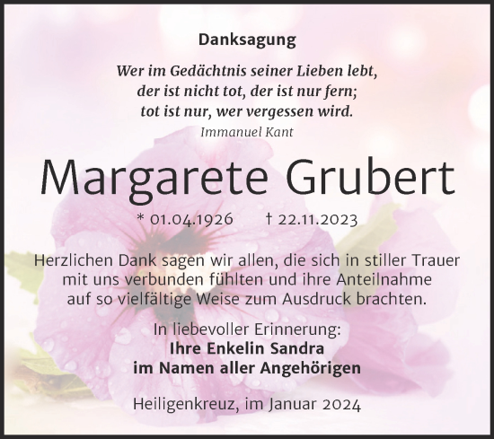 Traueranzeige von Margarete Grubert von Naumburger Tageblatt