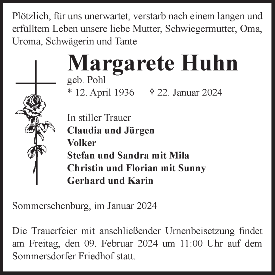 Traueranzeige von Margarete Huhn von Volksstimme Oschersleben/Wanzleben