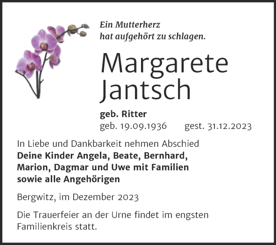 Traueranzeige von Margarete Jantsch von Trauerkombi Wittenberg