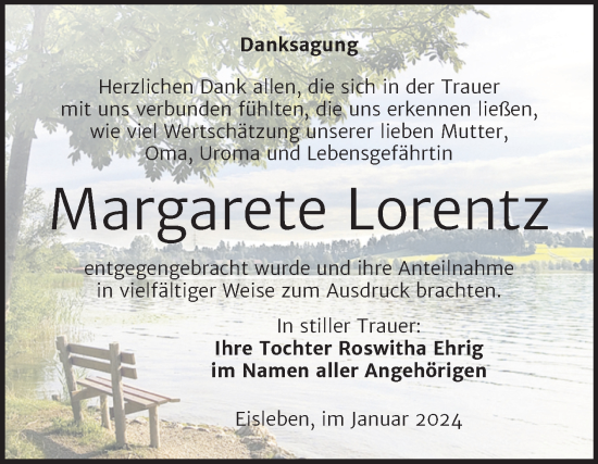 Traueranzeige von Margarete Lorentz von Trauerkombi Mansfelder Land