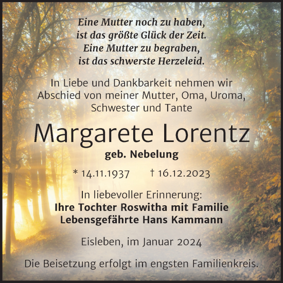 Traueranzeige von Margarete Lorentz von Trauerkombi Mansfelder Land