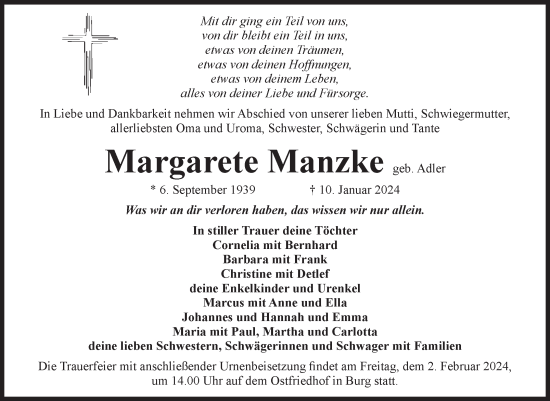 Traueranzeige von Margarete Manzke von Volksstimme Burg/Genthin