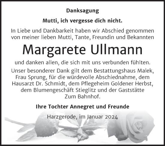 Traueranzeige von Margarete Ullmann von Trauerkombi Quedlinburg
