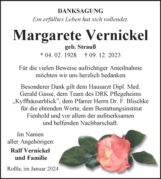 Traueranzeige von Margarete Vernickel von Trauerkombi Sangerhausen