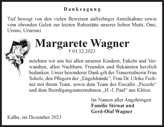 Traueranzeige von Margarete Wagner von Volksstimme Altmark West