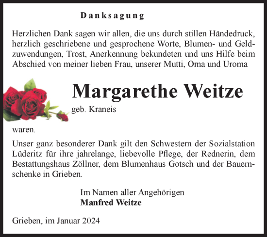 Traueranzeige von Margarethe Weitze von Volksstimme Altmark Ost