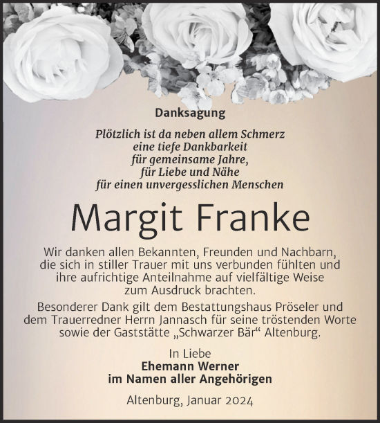 Traueranzeige von Margit Franke von Trauerkombi Bernburg