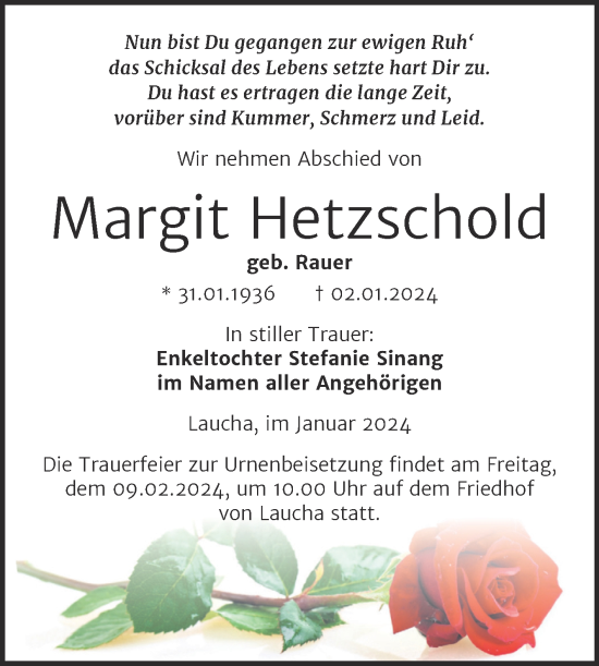 Traueranzeige von Margit Hetzschold von Naumburger Tageblatt