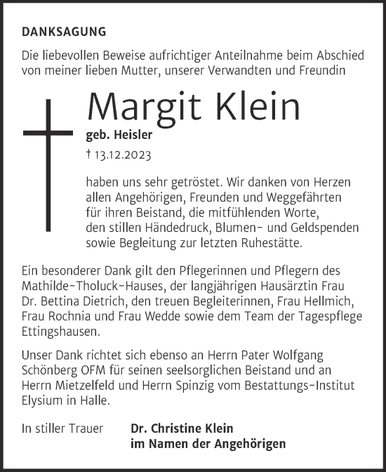 Traueranzeige von Margit Klein von Mitteldeutsche Zeitung Halle/Saalkreis
