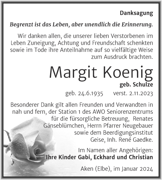 Traueranzeige von Margit Koenig von Trauerkombi Köthen