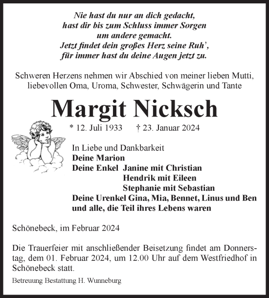 Traueranzeige von Margit Nicksch von Volksstimme Schönebeck