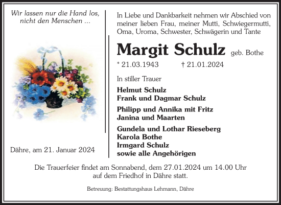 Traueranzeige von Margit Schulz von Volksstimme Altmark West