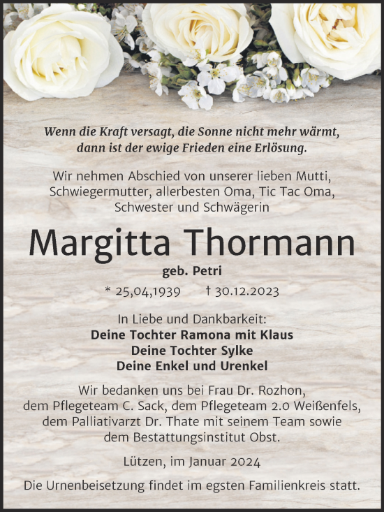 Traueranzeige von Margitta Thormann von Trauerkombi Weißenfels