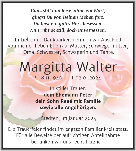 Traueranzeige von Margitta Walter von Trauerkombi Mansfelder Land