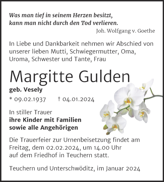 Traueranzeige von Margitte Gulden von Trauerkombi Zeitz