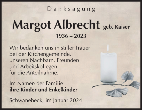 Traueranzeige von Margot Albrecht von Volksstimme Halberstadt
