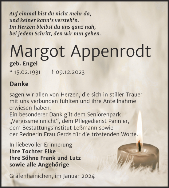 Traueranzeige von Margot Appenrodt von Trauerkombi Wittenberg