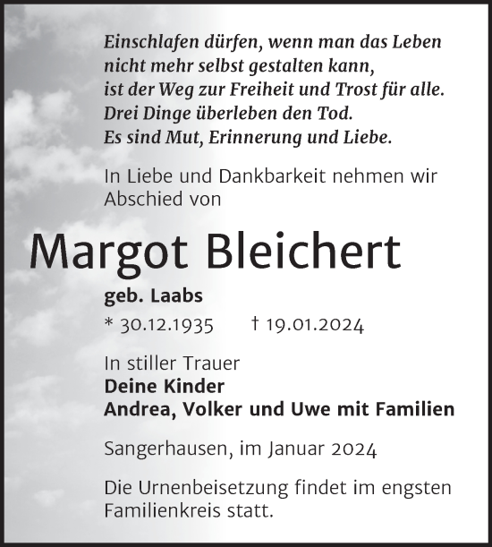 Traueranzeige von Margot Bleichert von Trauerkombi Sangerhausen