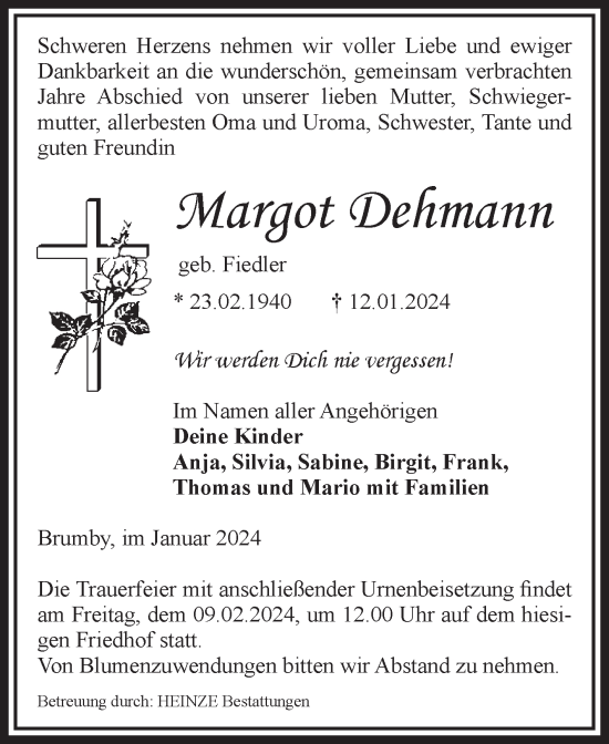 Traueranzeige von Margot Dehmann von Volksstimme Schönebeck