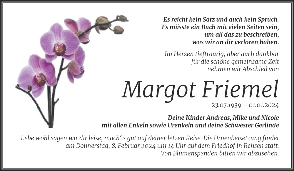  Traueranzeige für Margot Friemel vom 20.01.2024 aus Trauerkombi Wittenberg