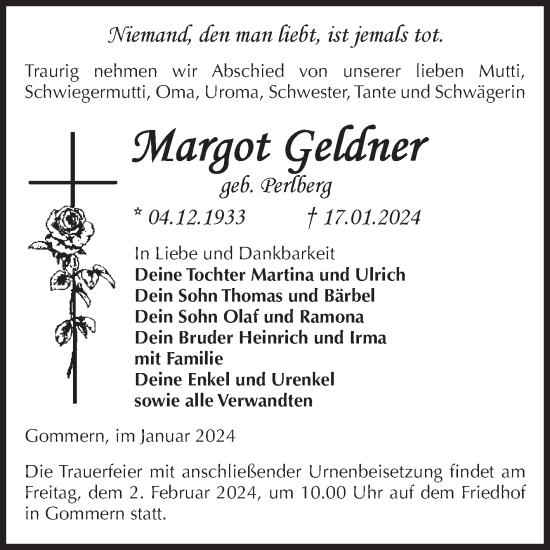 Traueranzeige von Margot Geldner von Volksstimme Schönebeck