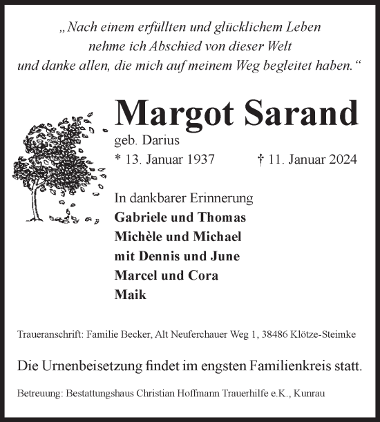 Traueranzeige von Margot Sarand von Volksstimme Altmark West