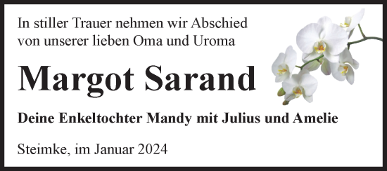 Traueranzeige von Margot Sarand von Volksstimme Altmark West