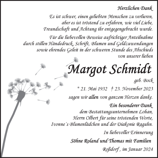 Traueranzeige von Margot Schmidt von Trauerkombi Bitterfeld