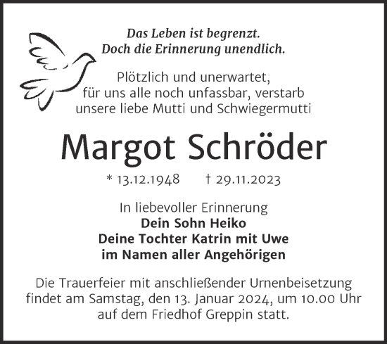 Traueranzeige von Margot Schröder von Trauerkombi Bitterfeld