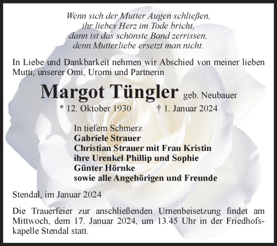 Traueranzeige von Margot Tüngler von Volksstimme Altmark Ost