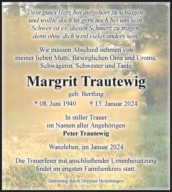 Traueranzeige von Margrit Trautewig von Volksstimme Oschersleben/Wanzleben