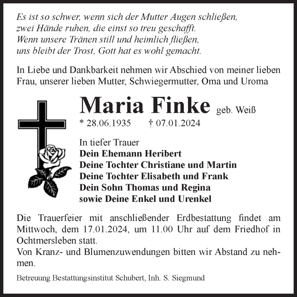  Traueranzeige für Maria Finke vom 13.01.2024 aus Volksstimme Oschersleben/Wanzleben