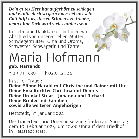 Traueranzeige von Maria Hofmann von Trauerkombi Mansfelder Land