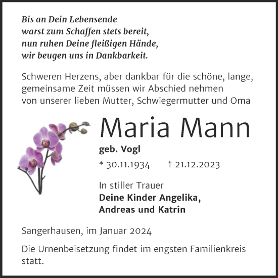 Traueranzeige von Maria Mann von Trauerkombi Sangerhausen