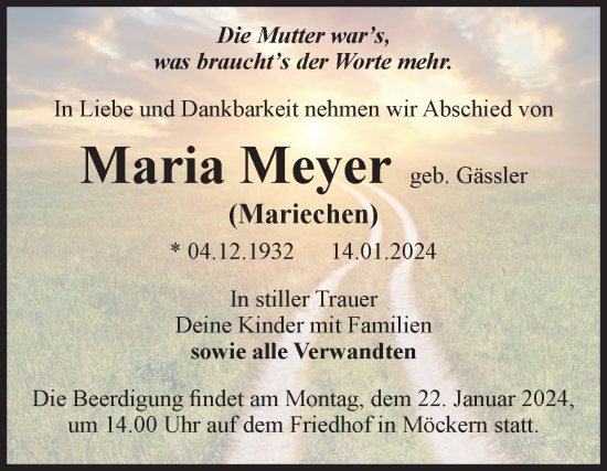 Traueranzeige von Maria Meyer von Volksstimme Burg/Genthin