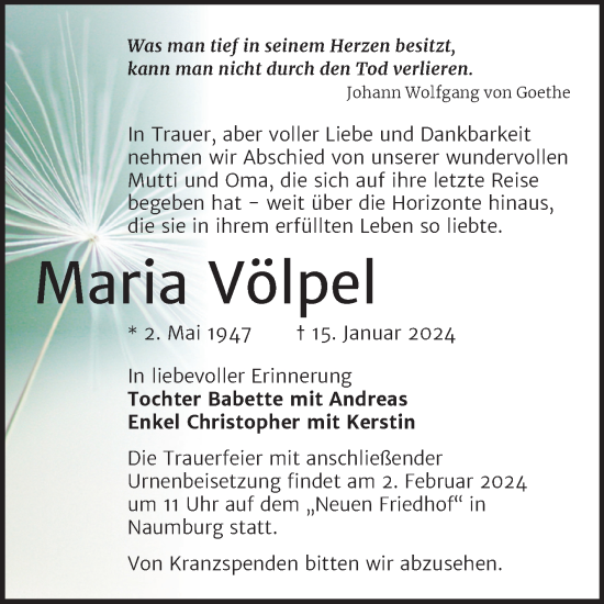 Traueranzeige von Maria Völpel von Wochenspiegel Naumburg/Nebra